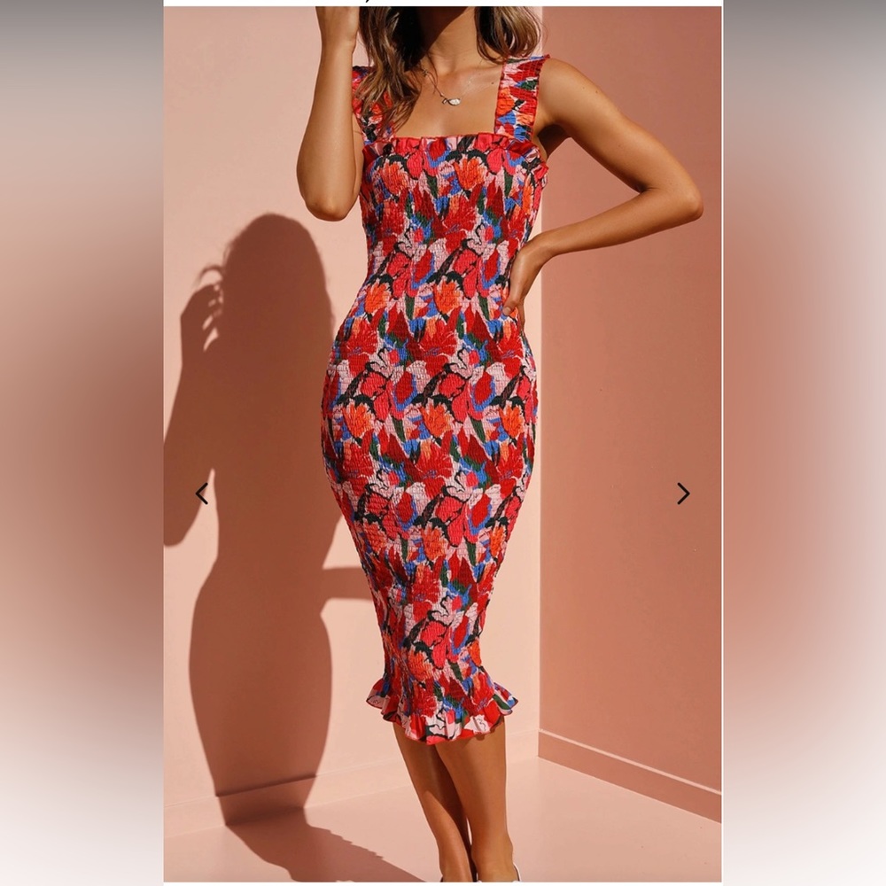 Floral Print Stretch MIDI Dress M